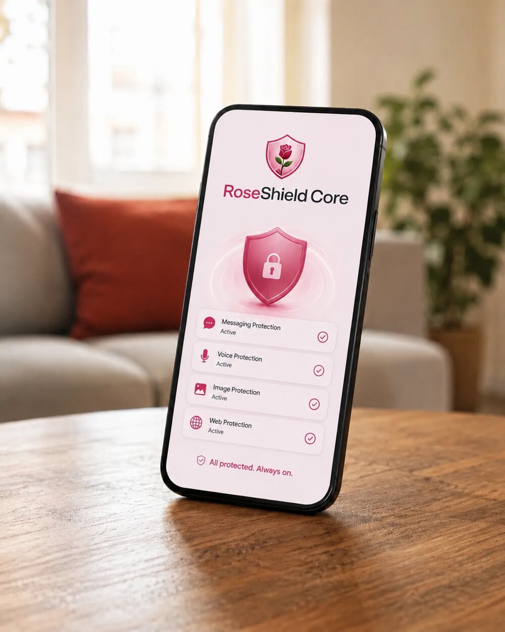 RoseShield Core running on a handset — messaging, voice, image and web protection active