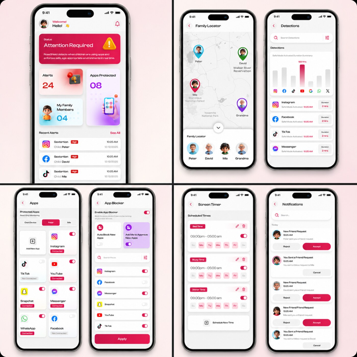 RoseShield parent app: dashboard, family locator, detections, app controls, screen timer and notifications