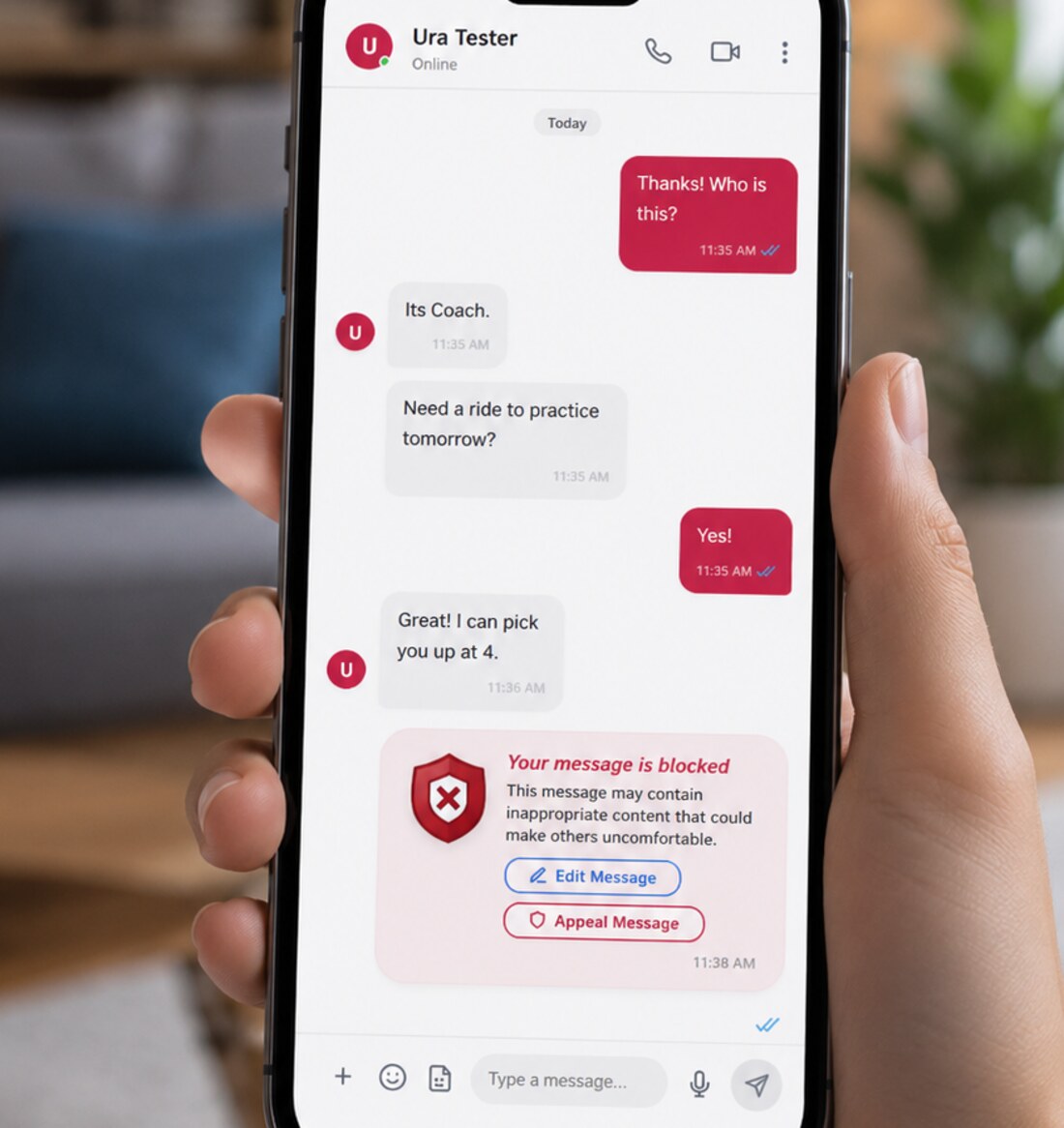 A message stopped on a child&rsquo;s phone, with the reason shown and the option to edit it