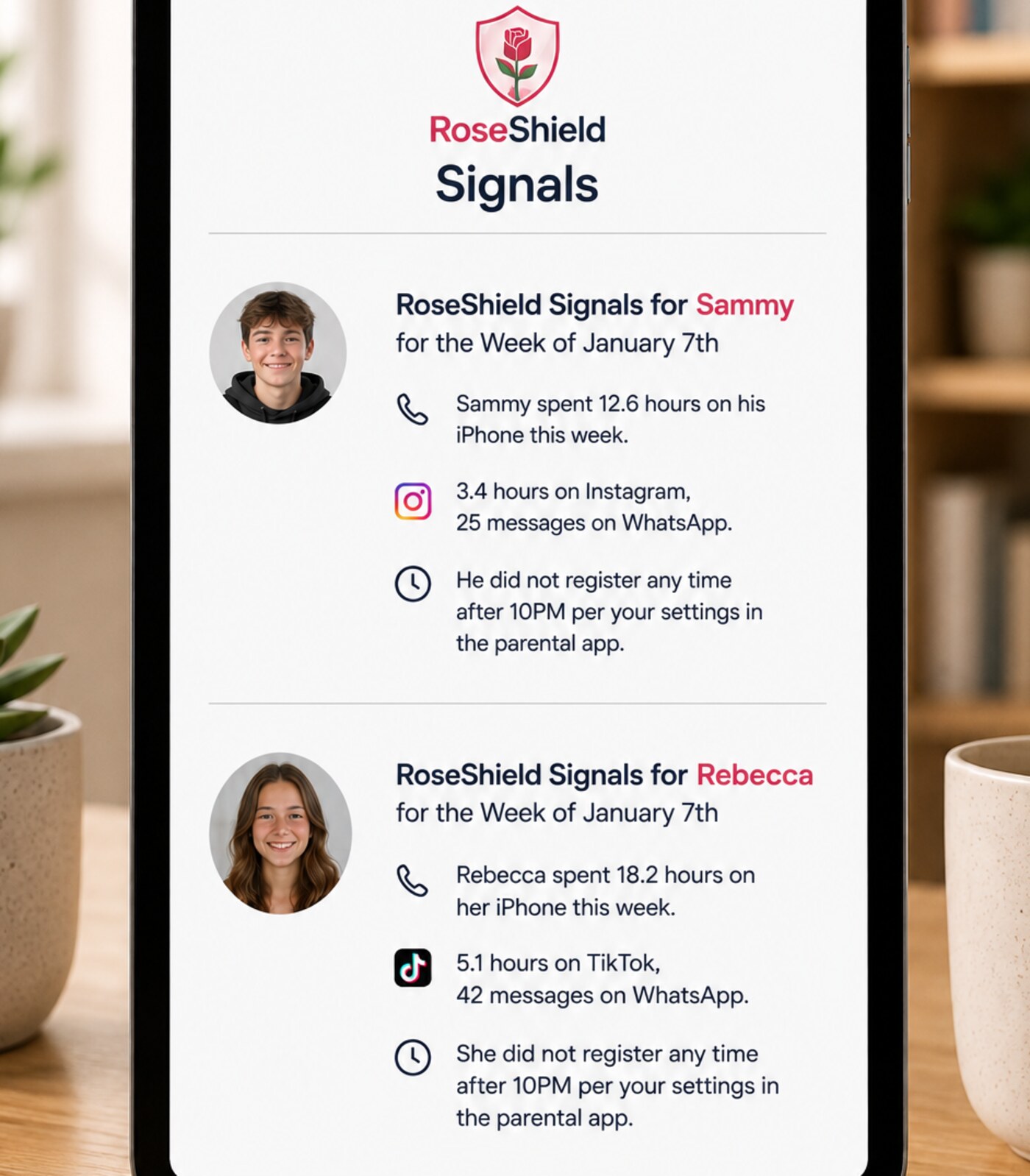 A RoseShield Signals weekly summary on a tablet